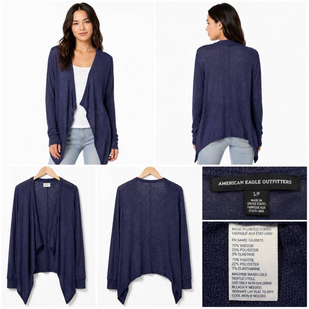 American Eagle S Navy Blue Lightweight Drape Cardigan Open Front Ribbed Knit USA